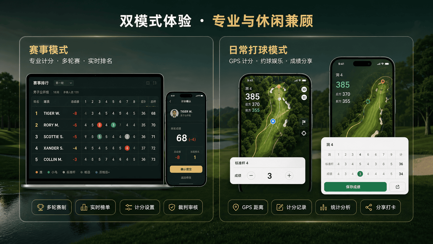 Golf Flow 双模式体验:赛事模式与日常打球模式